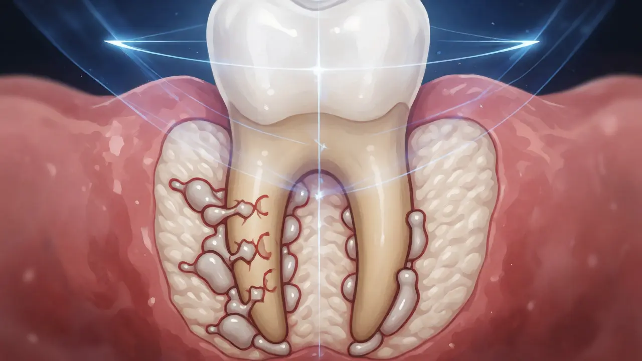 Ilustrace biologického pohybu zubu pod vlivem tahu gumičky