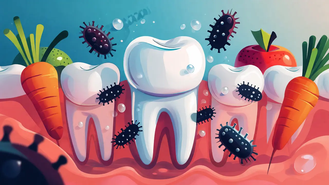 Ilustrace zdravého zubu chráněného před bakteriemi pomocí ovoce a vody.