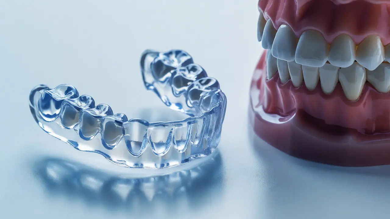 Průhledná zubní dlahu vedle modelu zubů
