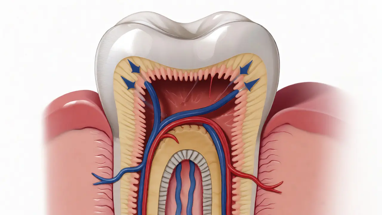 Řez zubem znázorňující sklovinu, dentin s kanálky a zubní dřeň.