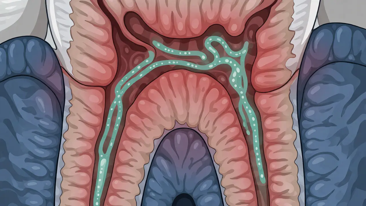 Řez zubem znázorňující vnitřní kanálky a aplikaci dezinfekční látky při endodoncii.