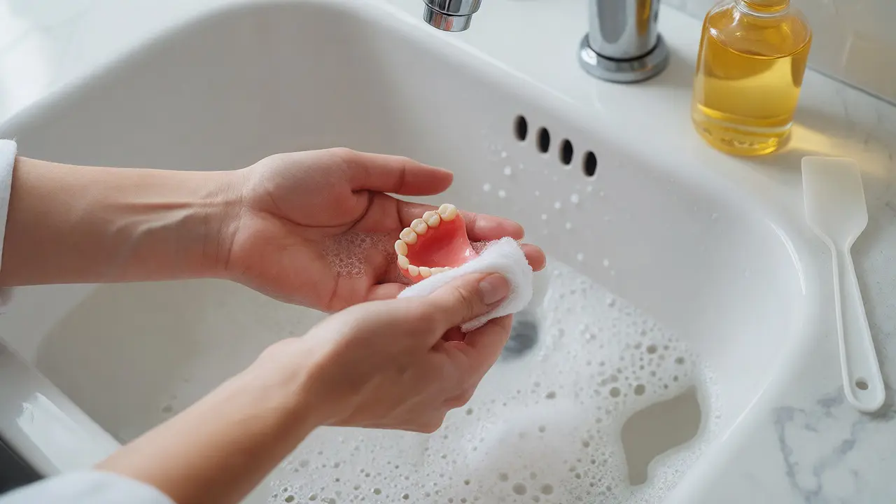 Ruce jemně otírají čistou zubní náhradu měkkým hadříkem