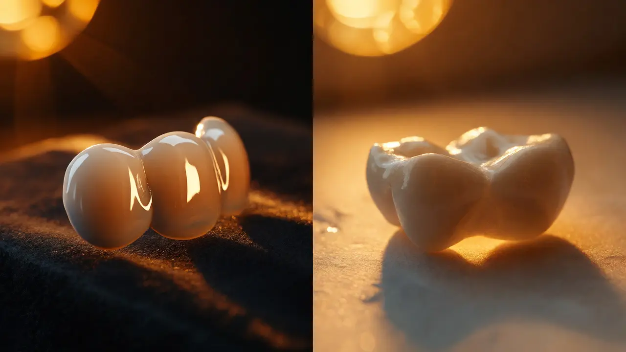 Umělecké srovnání lesklé porcelánové a matnější kompozitní nálepky na tmavém pozadí.